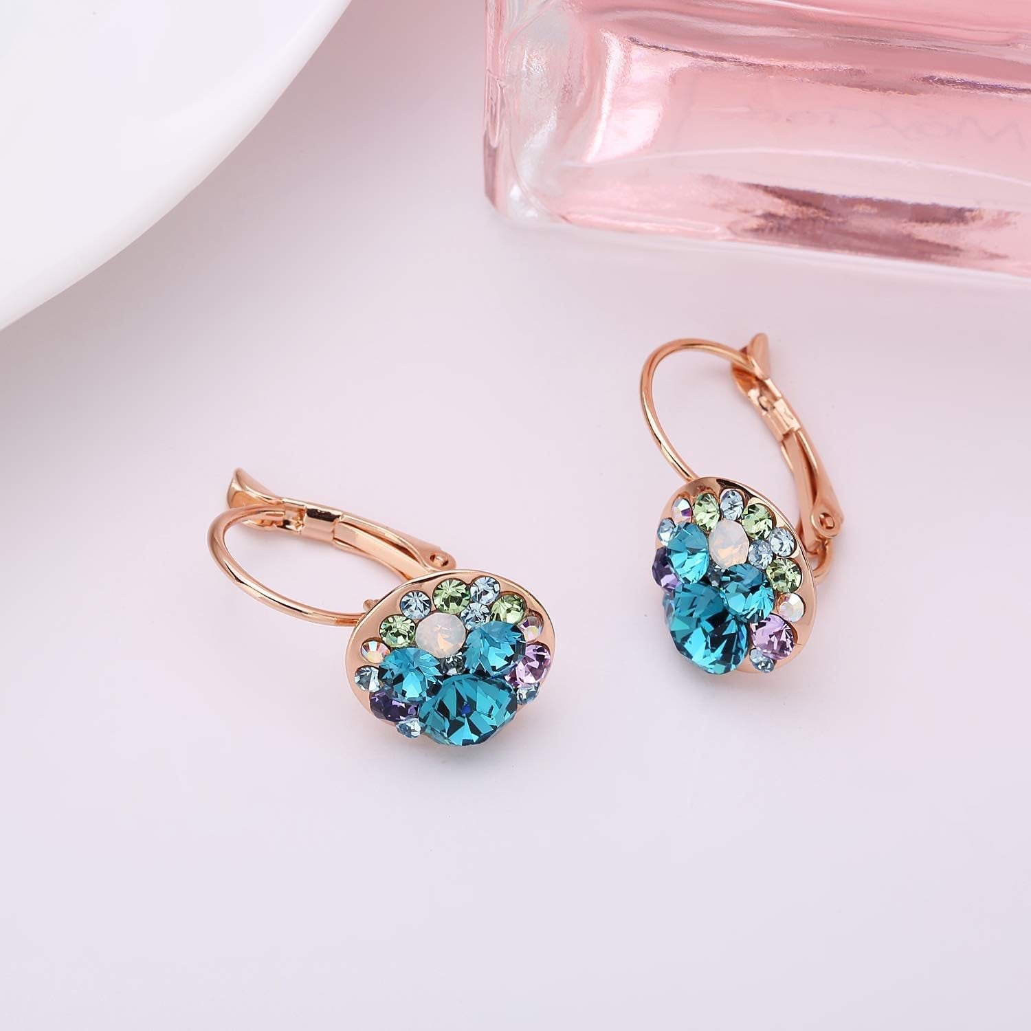 Gold Plated Leverback Earrings – Multicolor Crystal Drop Design - Bella Fils jewelry