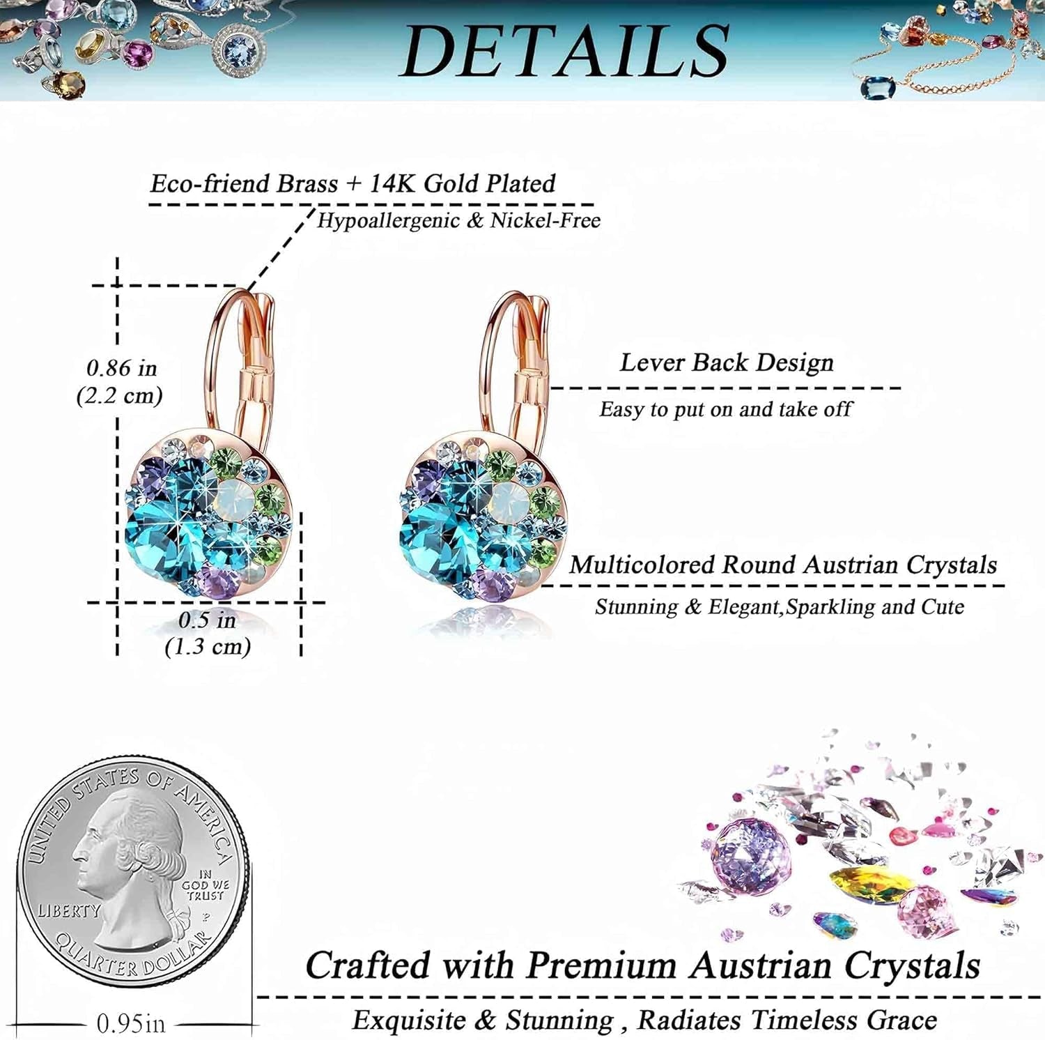 Gold Plated Leverback Earrings – Multicolor Crystal Drop Design - Bella Fils jewelry