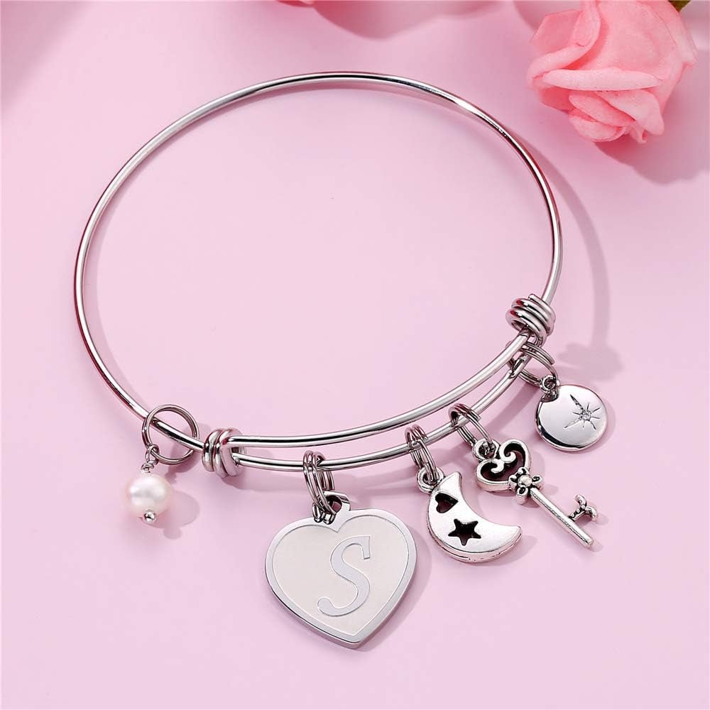 Initial Charm Bracelet for Women – 26 Letter Stainless Steel Engraved Bangle - Bella Fils jewelry