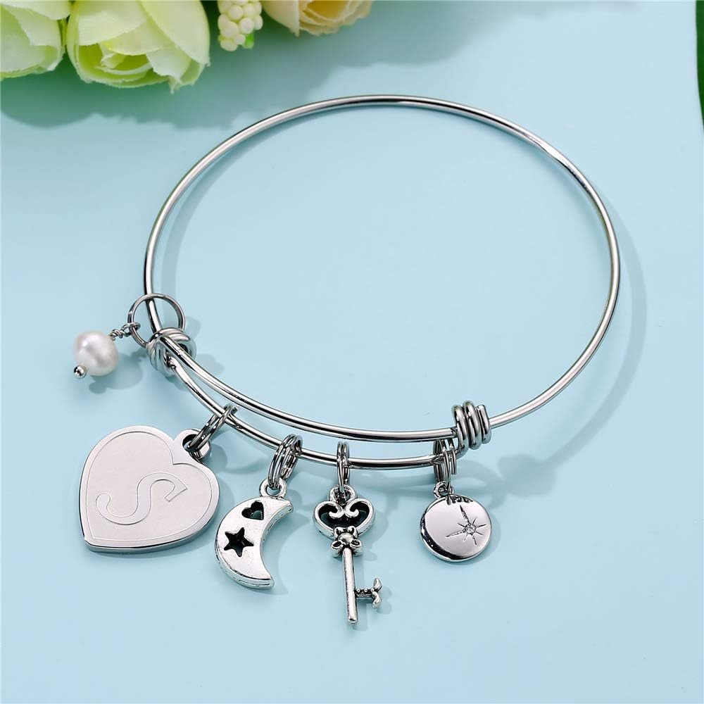 Initial Charm Bracelet for Women – 26 Letter Stainless Steel Engraved Bangle - Bella Fils jewelry