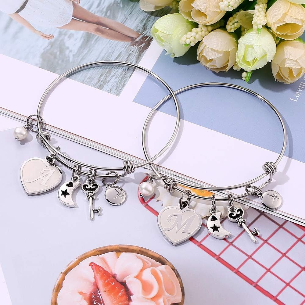 Initial Charm Bracelet for Women – 26 Letter Stainless Steel Engraved Bangle - Bella Fils jewelry