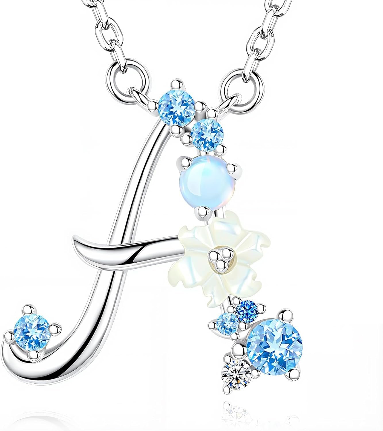 Mom Initial Necklace – Blue Flower Sterling Silver Pendant - Bella Fils jewelry