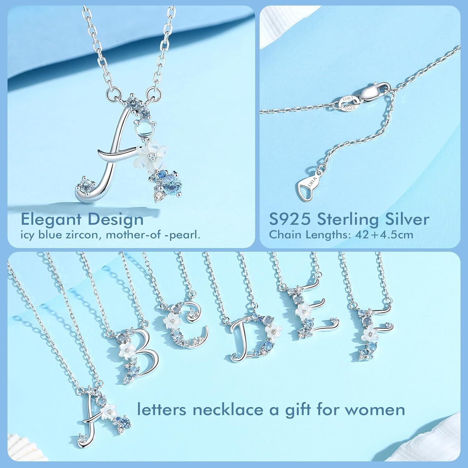 Mom Initial Necklace – Blue Flower Sterling Silver Pendant - Bella Fils jewelry