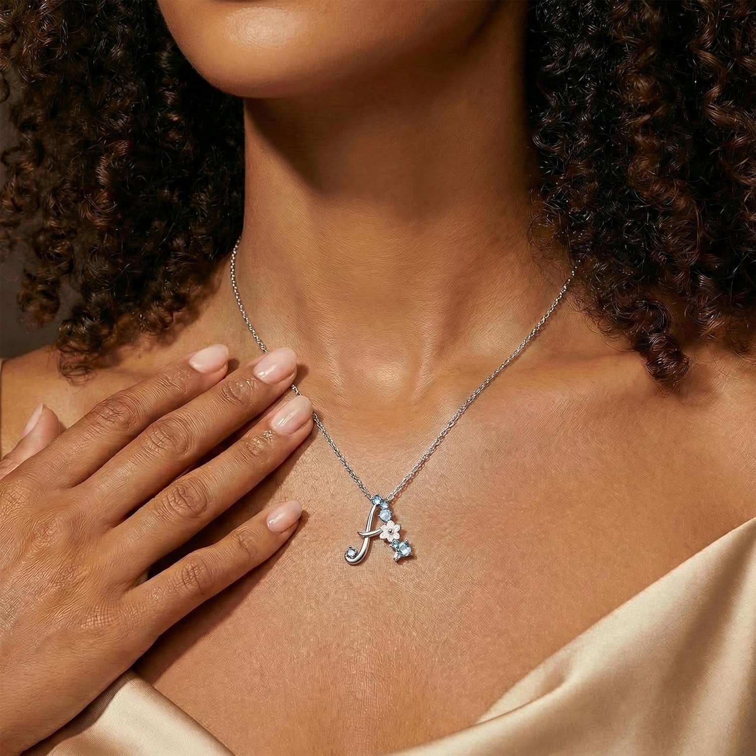 Mom Initial Necklace – Blue Flower Sterling Silver Pendant - Bella Fils jewelry