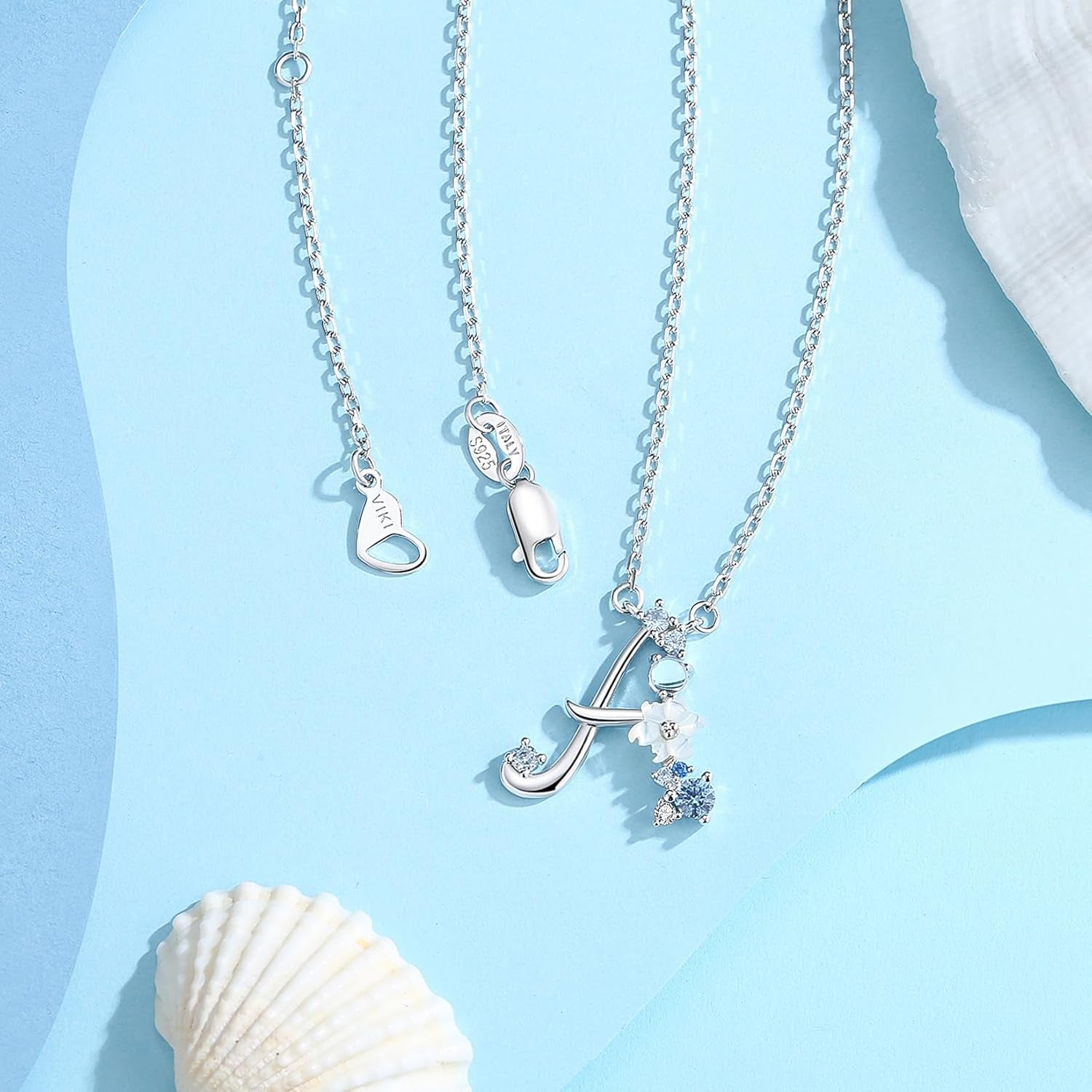 Mom Initial Necklace – Blue Flower Sterling Silver Pendant - Bella Fils jewelry