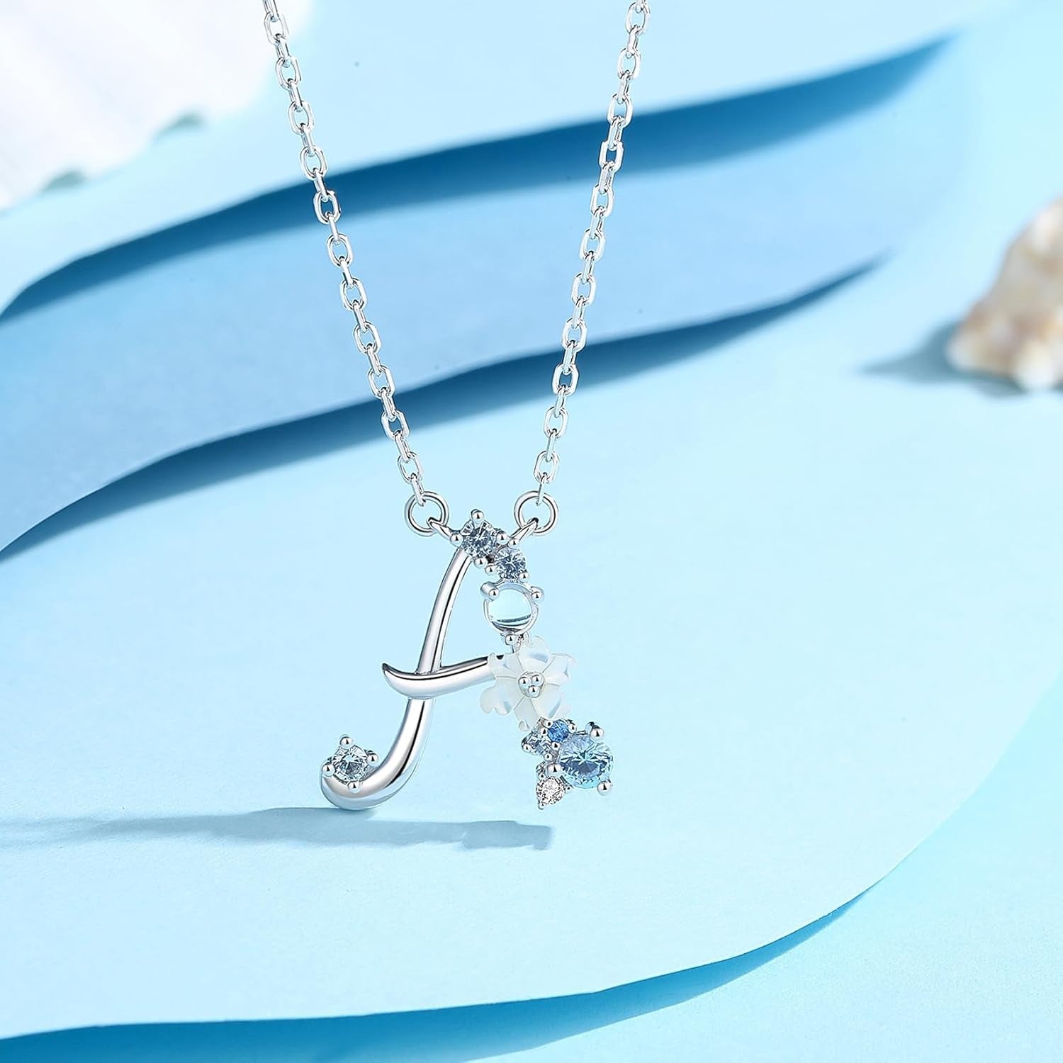 Mom Initial Necklace – Blue Flower Sterling Silver Pendant - Bella Fils jewelry