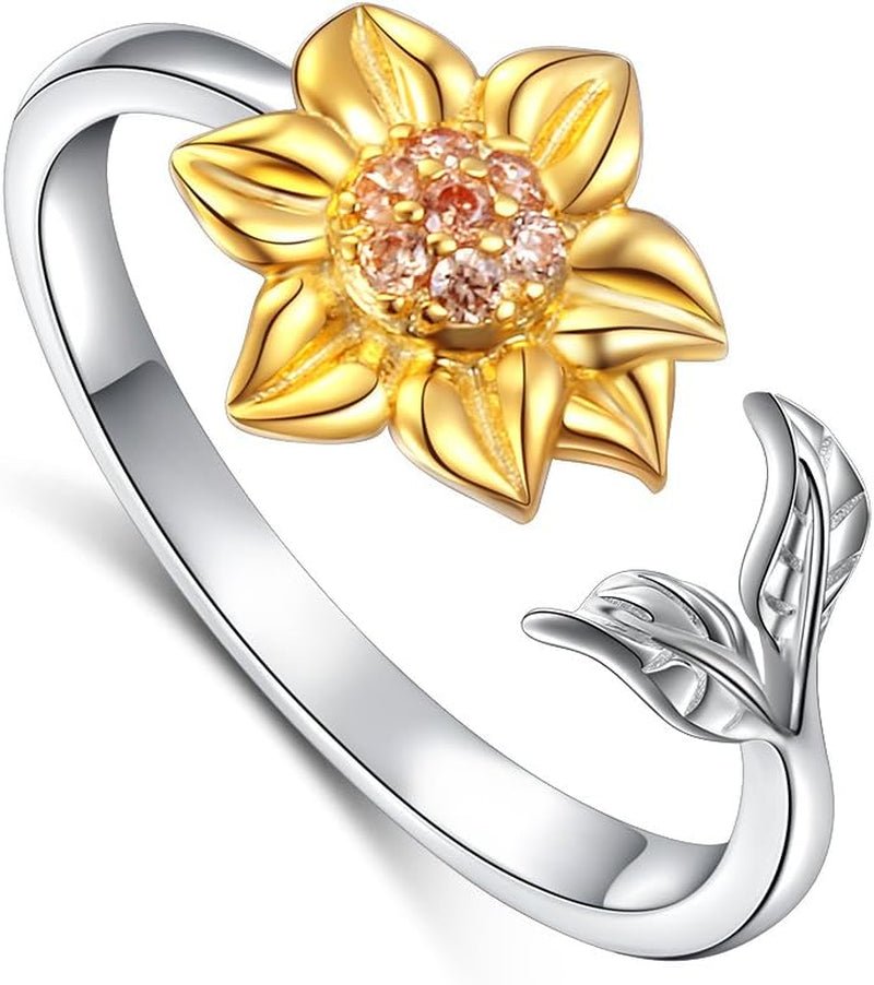S925 Sterling Silver Sunflower with CZ Ring Adjustable Size 5 6 7 8 9 - Bella Fils jewelry