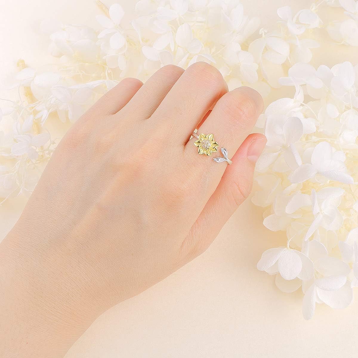 S925 Sterling Silver Sunflower with CZ Ring Adjustable Size 5 6 7 8 9 - Bella Fils jewelry