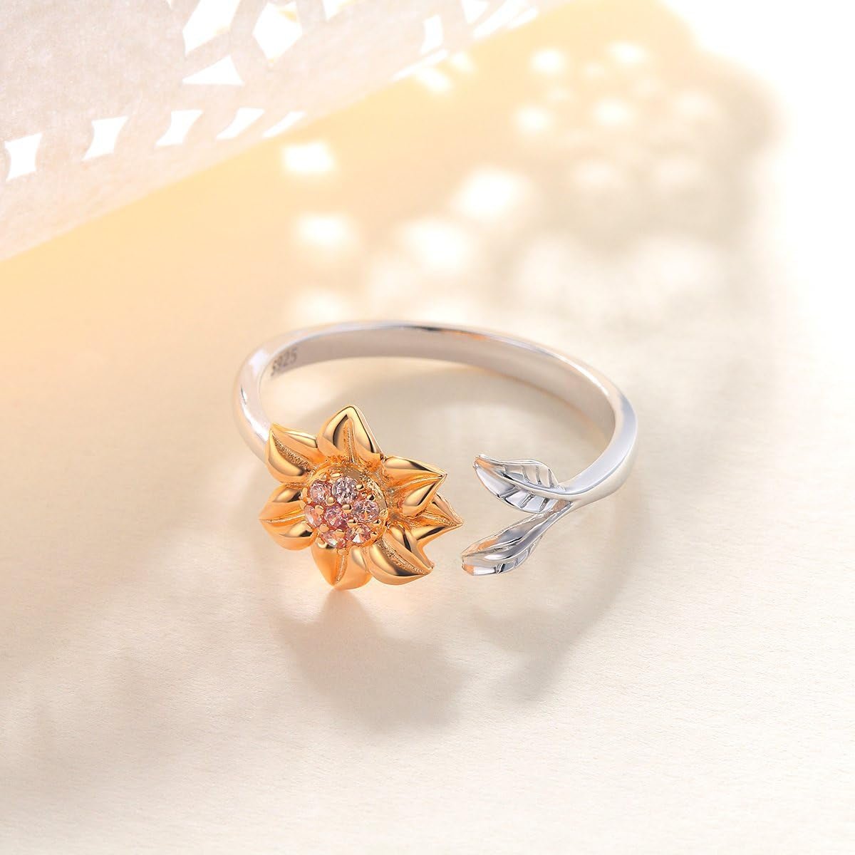 S925 Sterling Silver Sunflower with CZ Ring Adjustable Size 5 6 7 8 9 - Bella Fils jewelry
