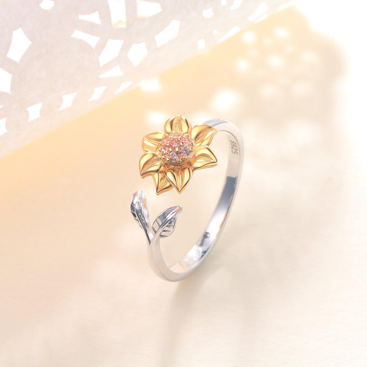 S925 Sterling Silver Sunflower with CZ Ring Adjustable Size 5 6 7 8 9 - Bella Fils jewelry