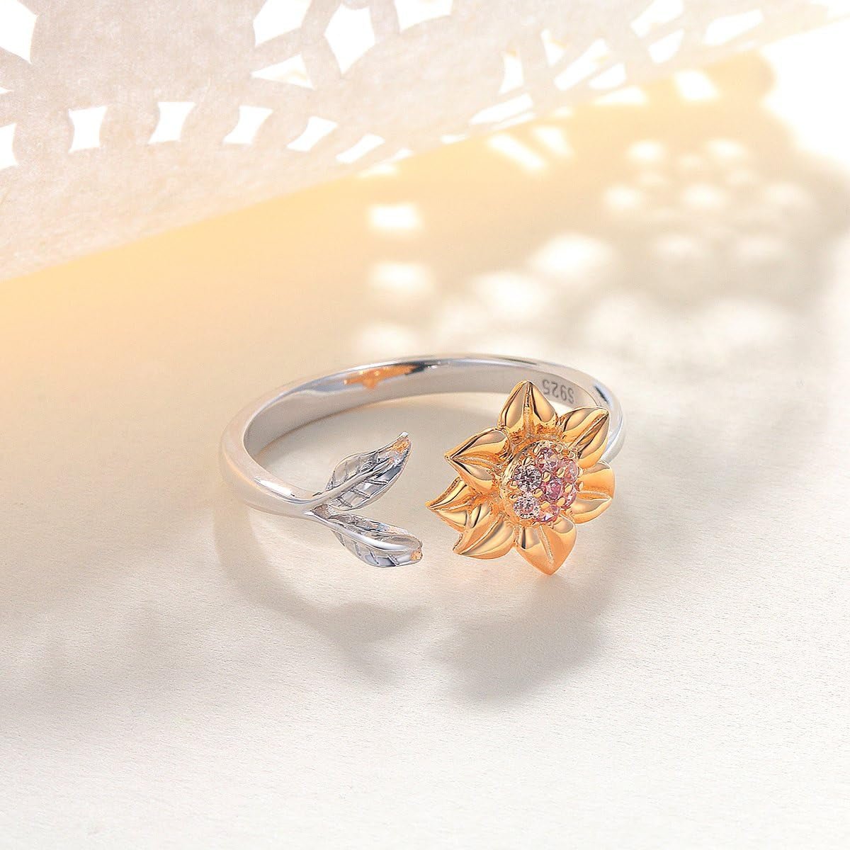 S925 Sterling Silver Sunflower with CZ Ring Adjustable Size 5 6 7 8 9 - Bella Fils jewelry