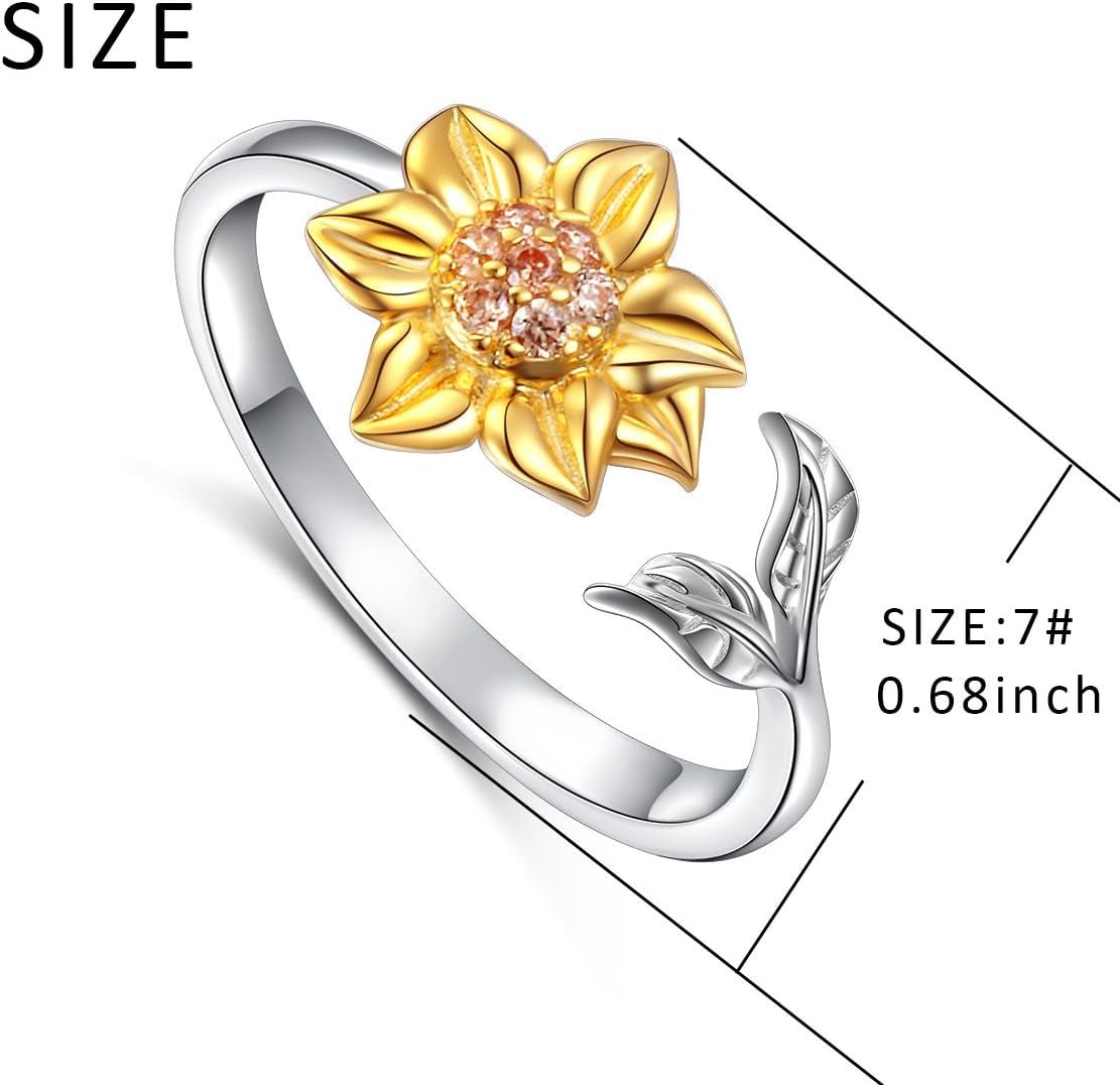 S925 Sterling Silver Sunflower with CZ Ring Adjustable Size 5 6 7 8 9 - Bella Fils jewelry