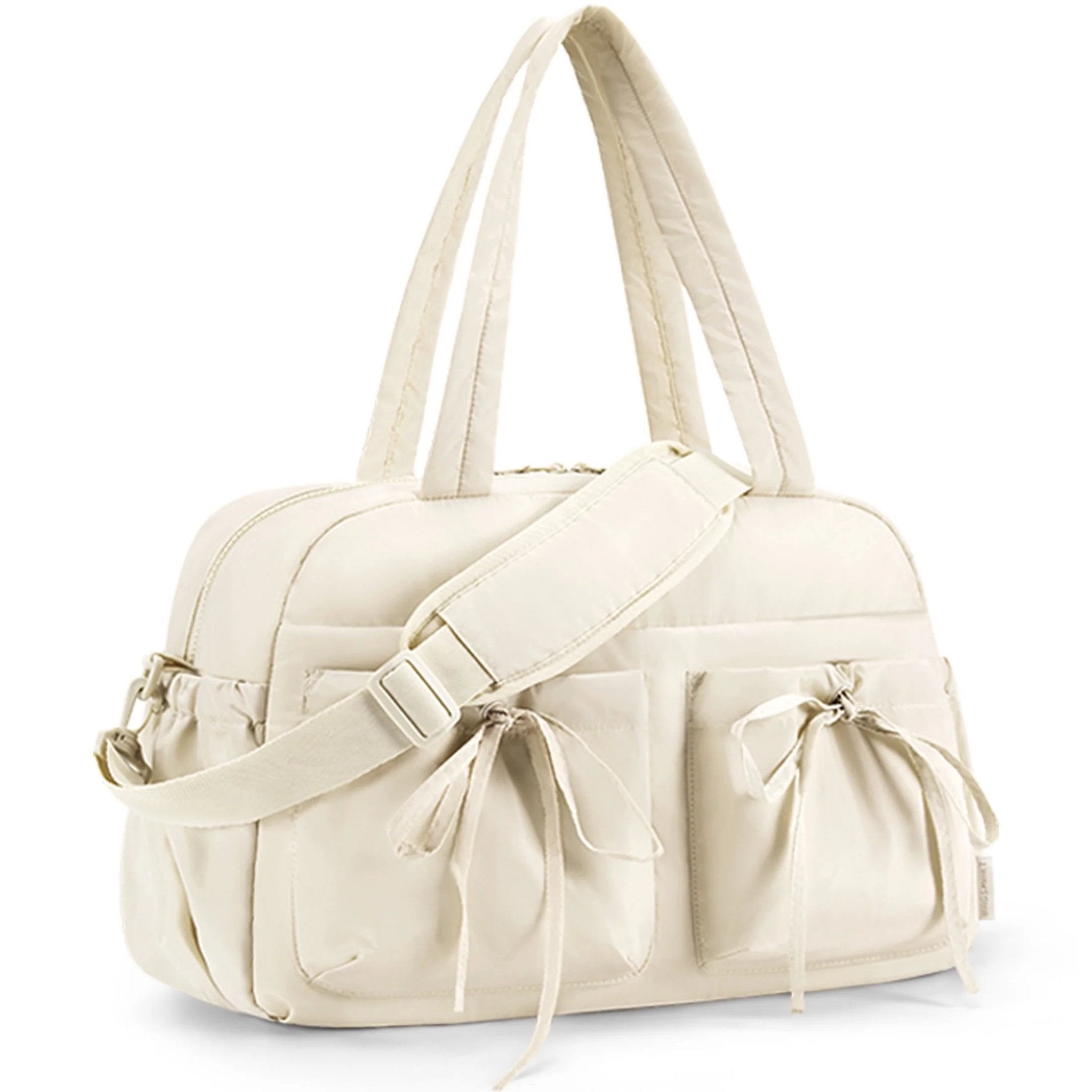 Travel Duffel Bag for Women, Lightweight Fashion Tote Handbag with Bowtie, Water-Resistant Weekender Overnight Sport Gym Bag, Cream - Bella Fils jewelry