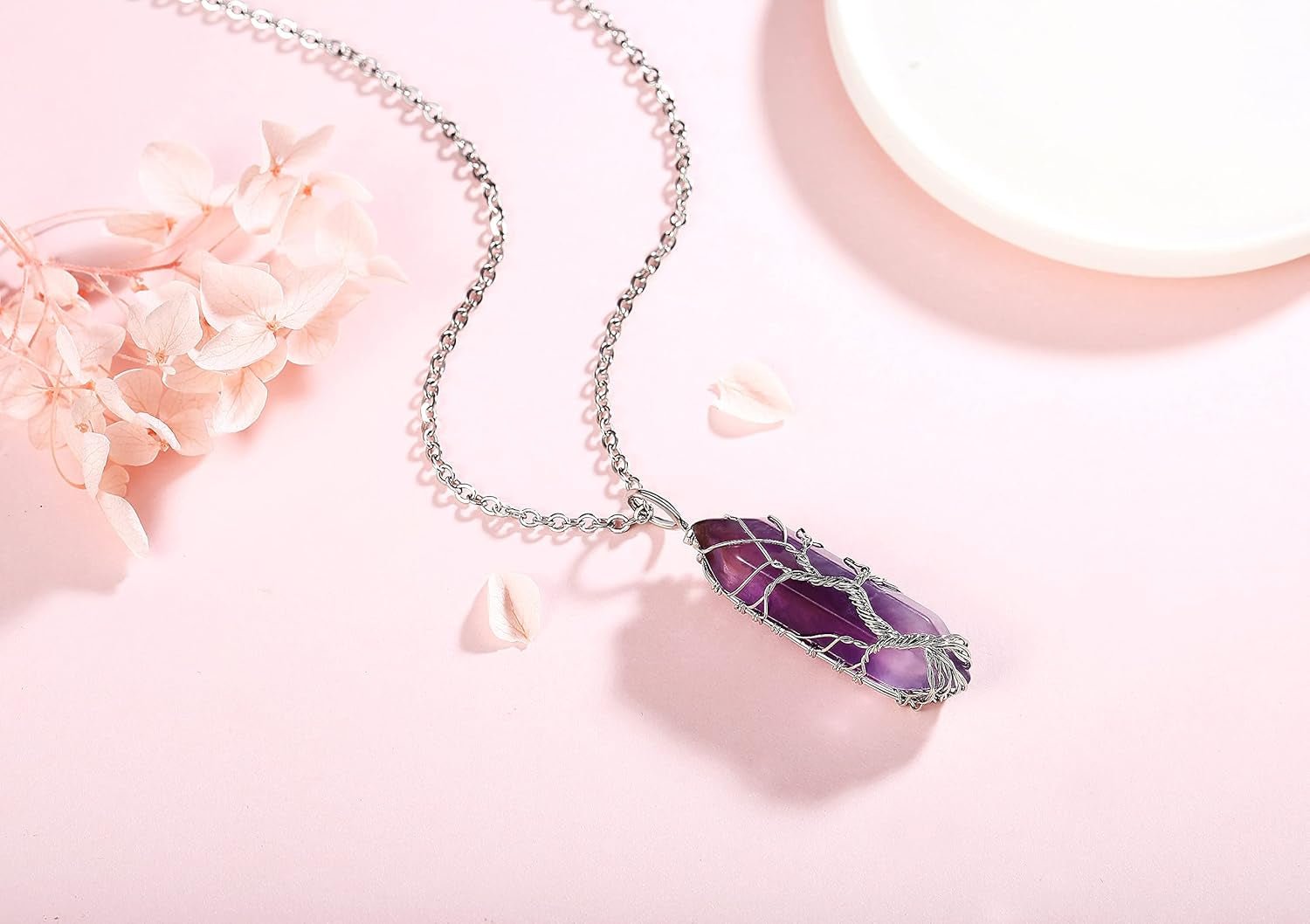 Tree of Life Amethyst Quartz Necklace – Wire Wrapped Crystal Pendant - Bella Fils jewelry