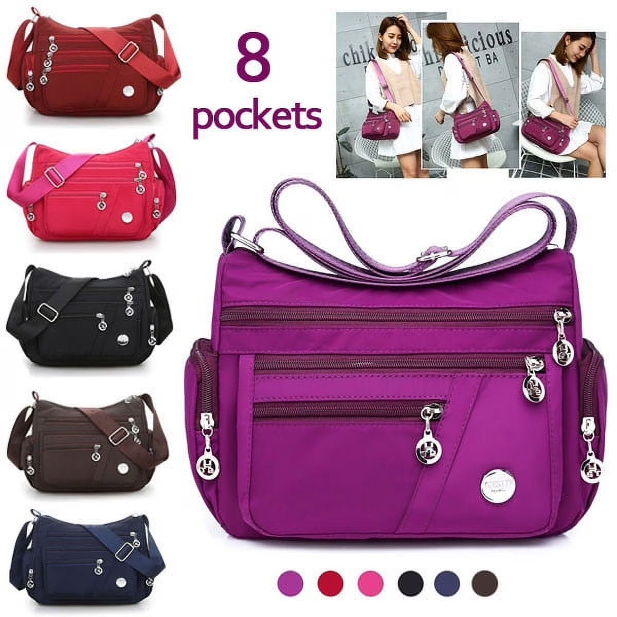 Women Multi Pockets Crossbody Bag Waterproof Nylon Single Shoulder Bag Travel Purses Handbags, Black - Bella Fils jewelry