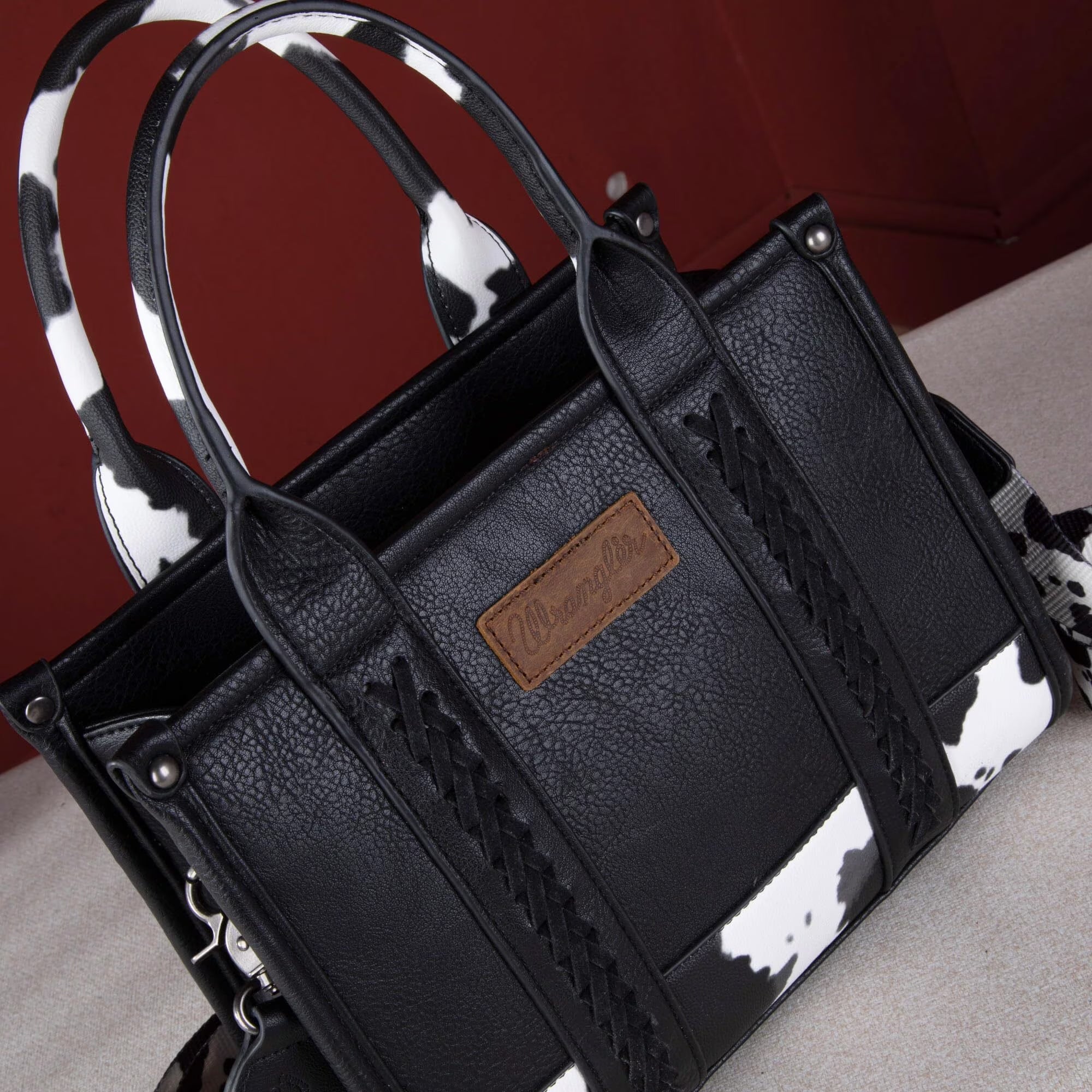 Wrangler Medium Tote Bag for Women Designer Satchel Handbags Top-Handle Purses with Strap, Bottom Cow-Black - Bella Fils jewelry