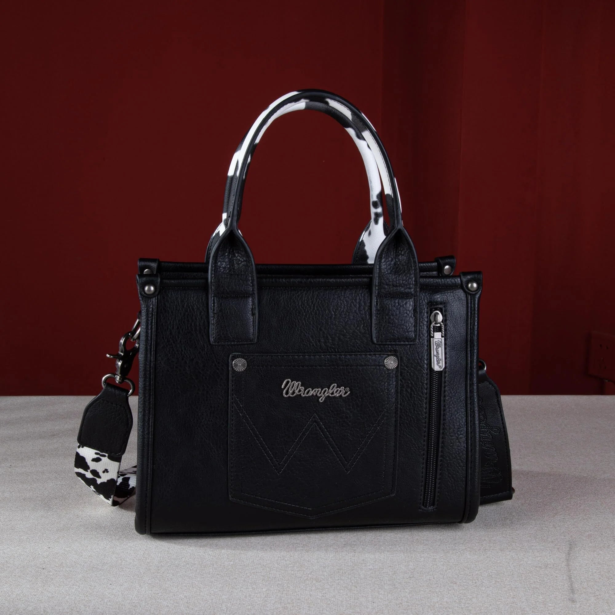 Wrangler Medium Tote Bag for Women Designer Satchel Handbags Top-Handle Purses with Strap, Bottom Cow-Black - Bella Fils jewelry