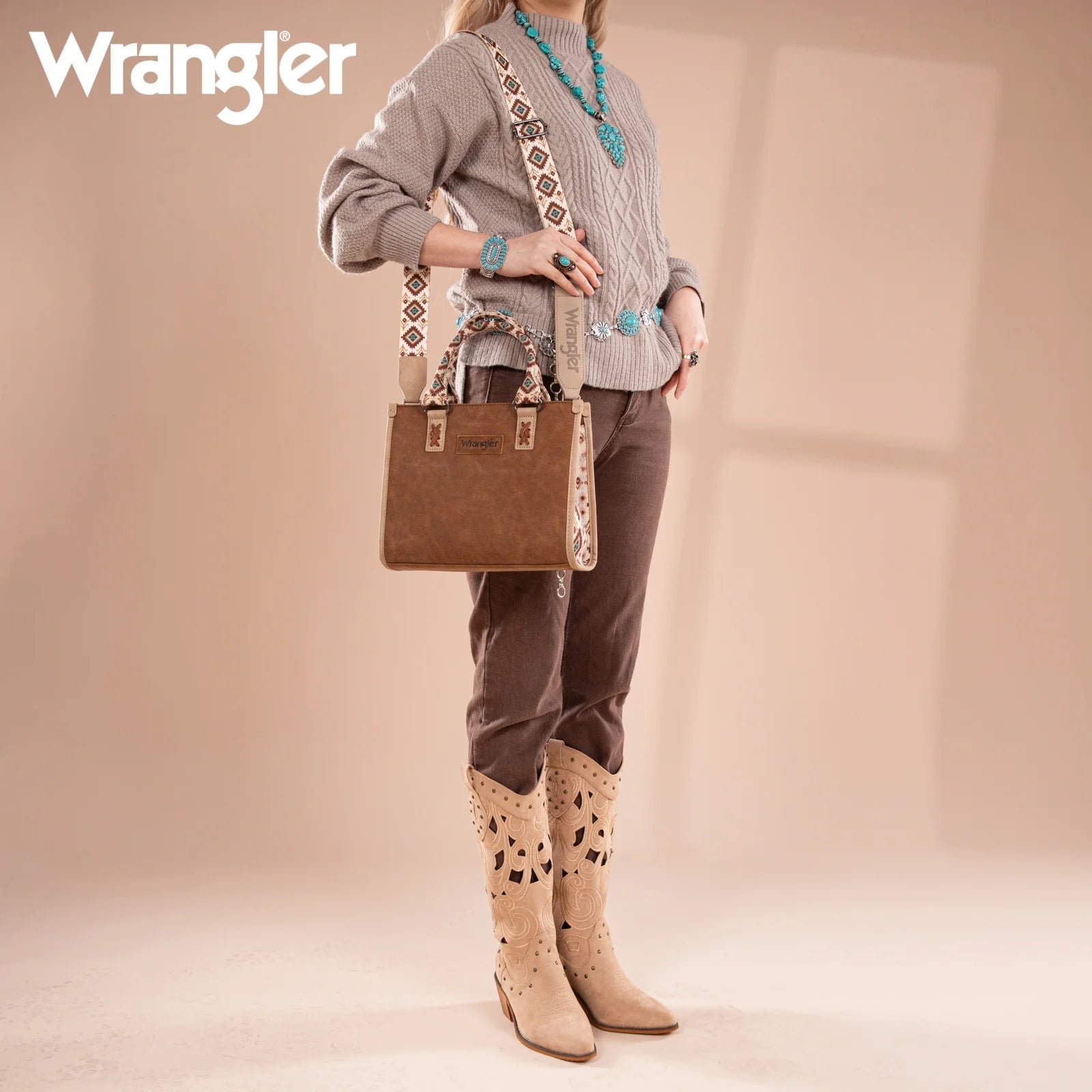 Wrangler Tote Bag for Women Western Retro Purse Top Handle Handbags with Aztec Strap, Brown - Bella Fils jewelry